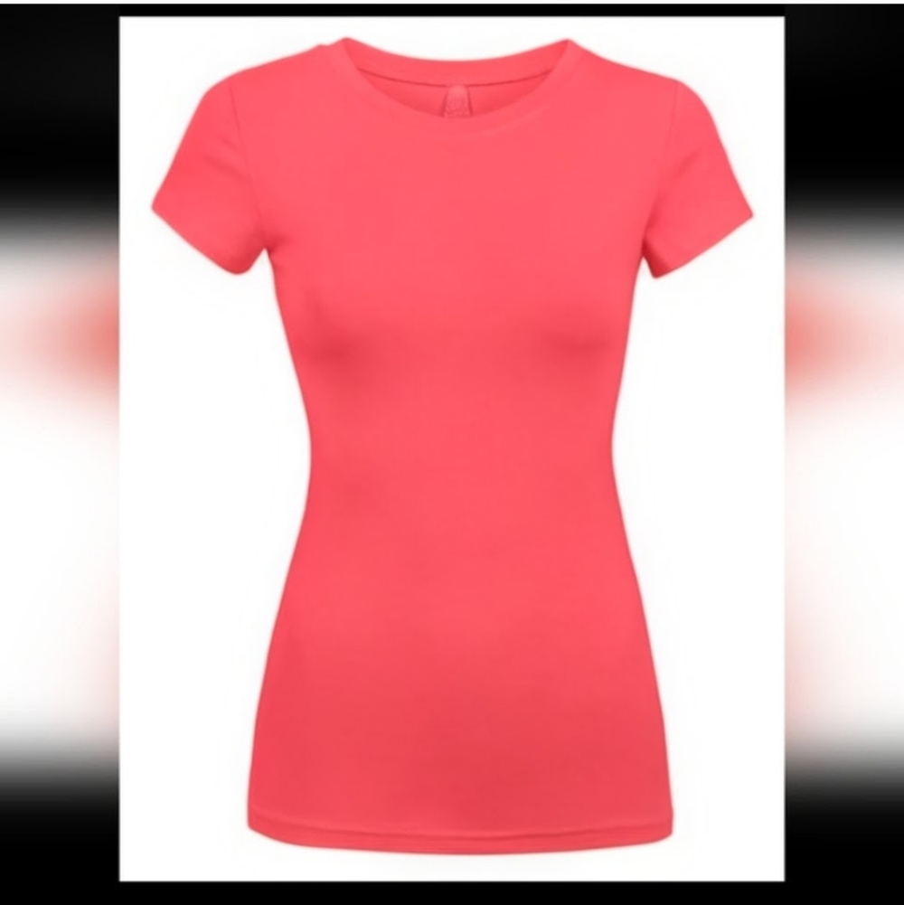 Coral Pink round neck short sleeve long casual cotton solid fitted tee shirt top
